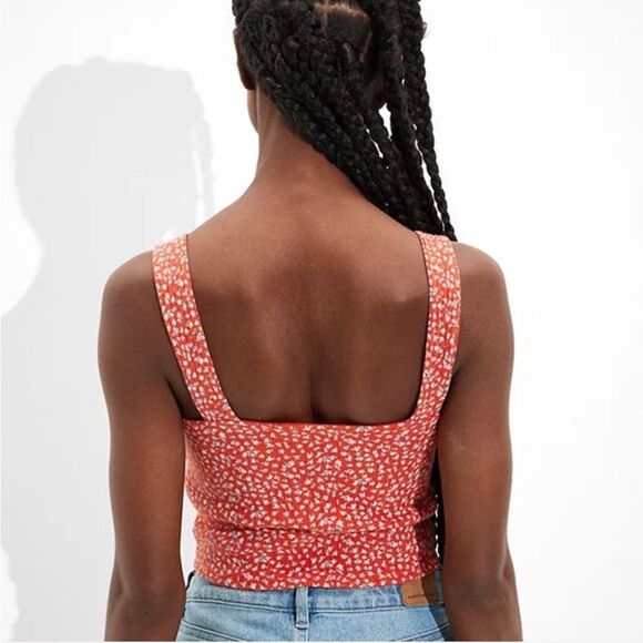 American Eagle Orange Red Cropped Floral Square-Neck Tank Top - Picture 3 of 6